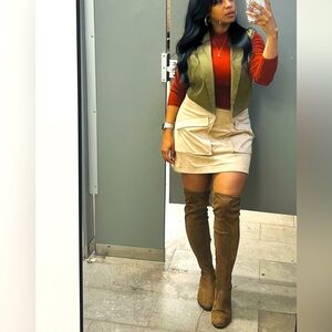 Taupe over the knee faux suede flat thigh boots